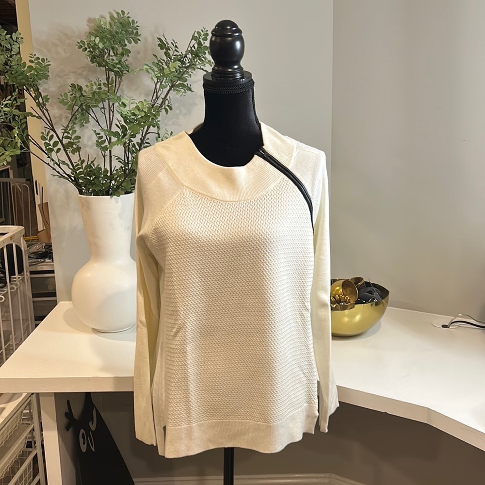 Vince White Crewneck Sweater with Black Leather Asymmetrical Zipper detail